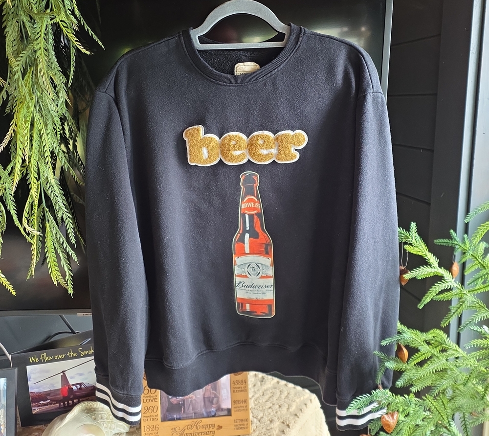 Women’s Black Sweatshirt with Gold 'beer' Patch And Custom Budweiser Beer Bottle